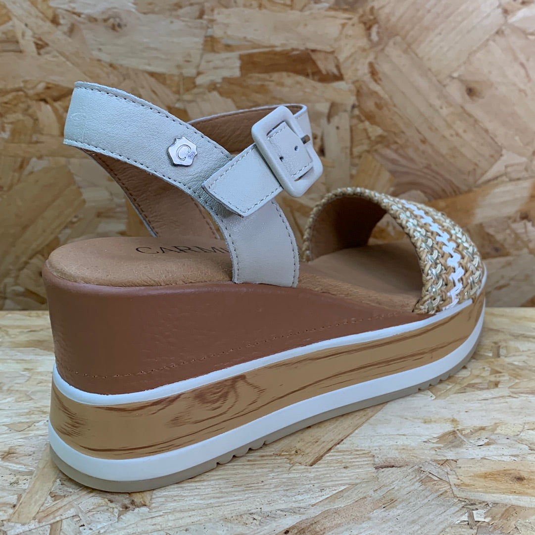 Carmela Womens Leather Wedge Sandal - Beige - The Foot Factory