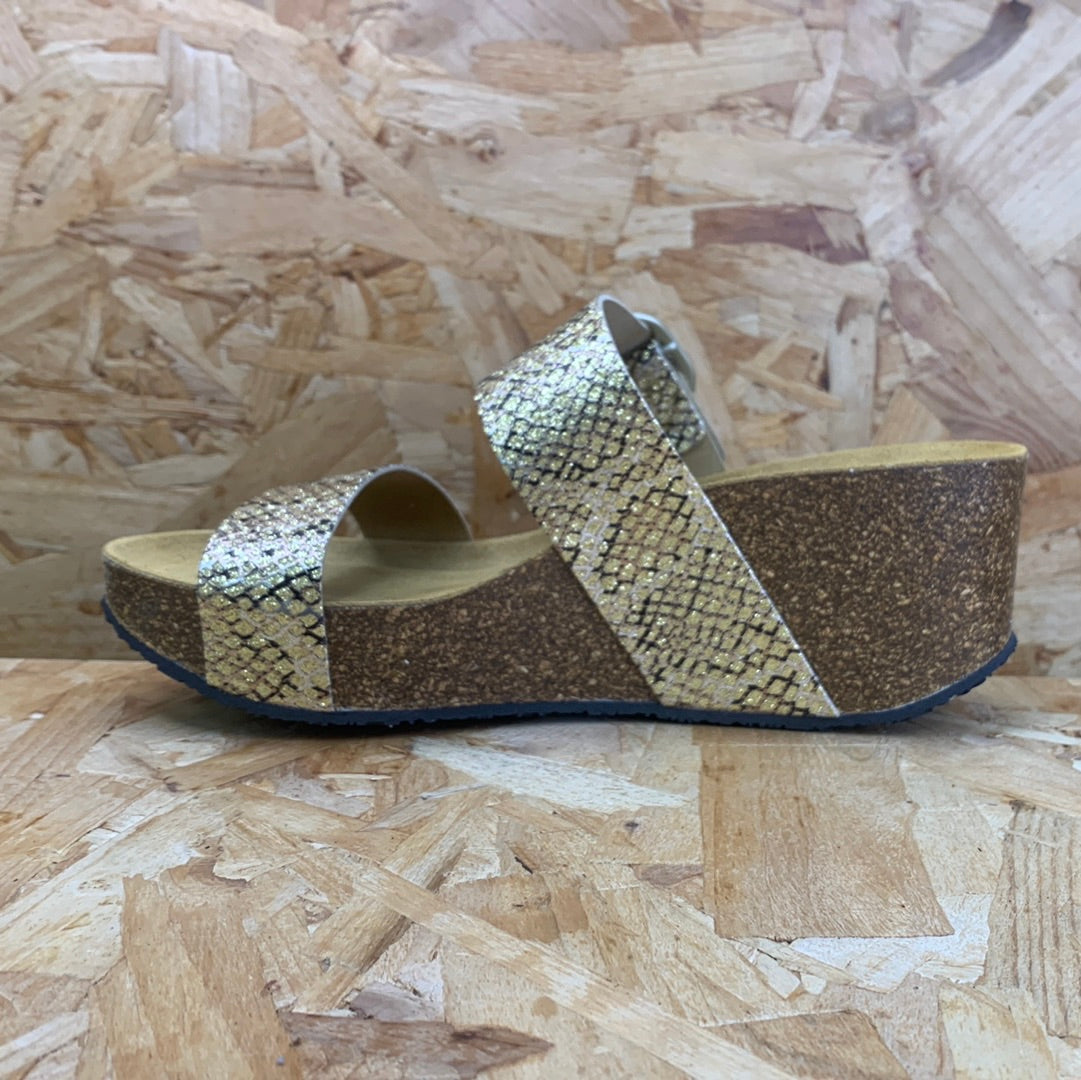 Plakton Womens Alicante Hi Leather Sandal - Glitter Gold