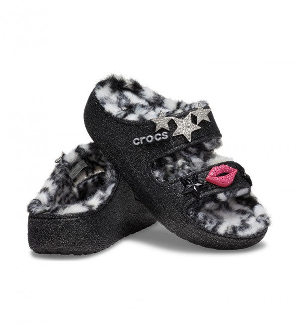 Crocs Unisex Classic Cozzzy Disco Glitter Lined Sandal - Black - The Foot Factory