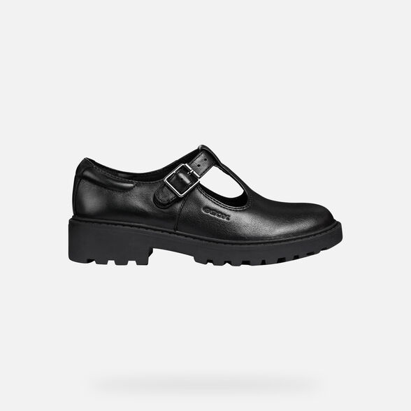 Geox Kids Casey Smooth Leather School Shoes - Black - The Foot Factory