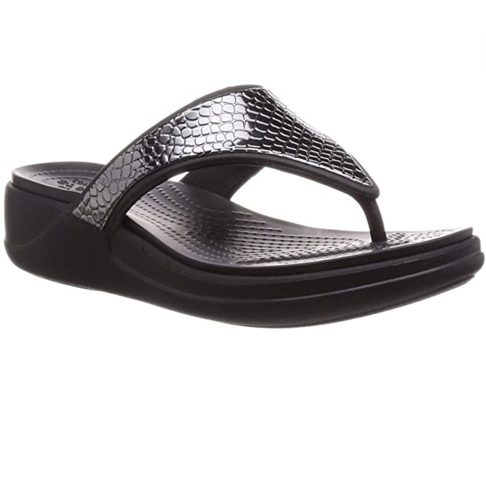 Crocs Womens Monterery Metallic Wedge Flip Flop - Black