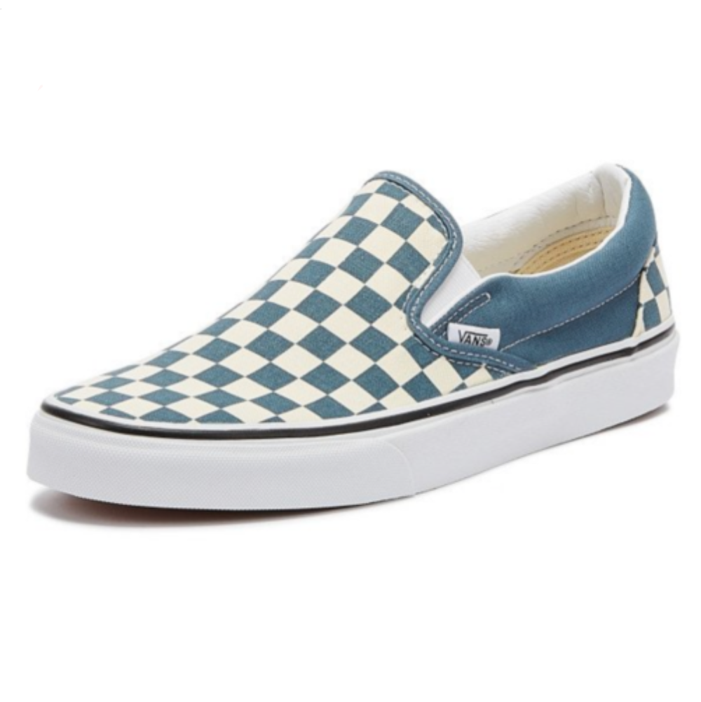 Light blue slip on sales vans with checkered stripe