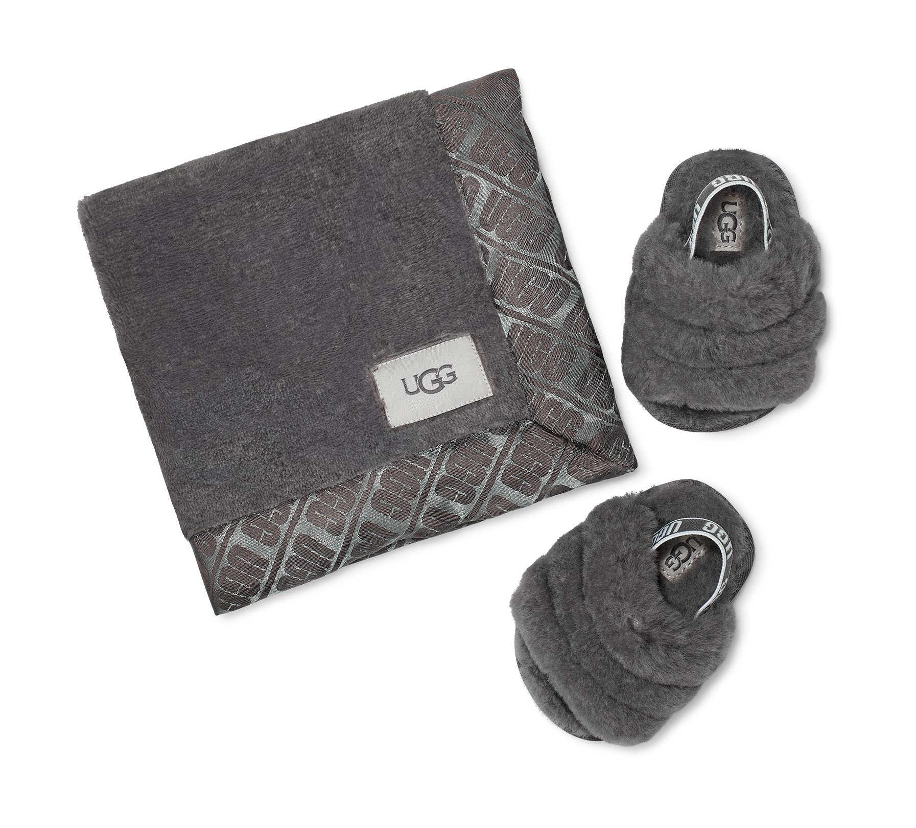 UGG Infant Fluff Yeah Slide and Lovely Blanket Set - Charcoal - The Foot Factory