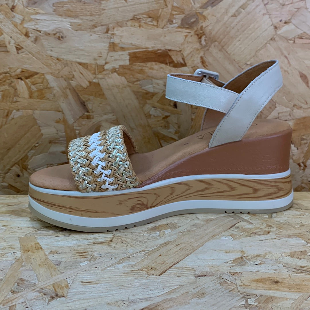 Carmela Womens Leather Wedge Sandal - Beige - The Foot Factory