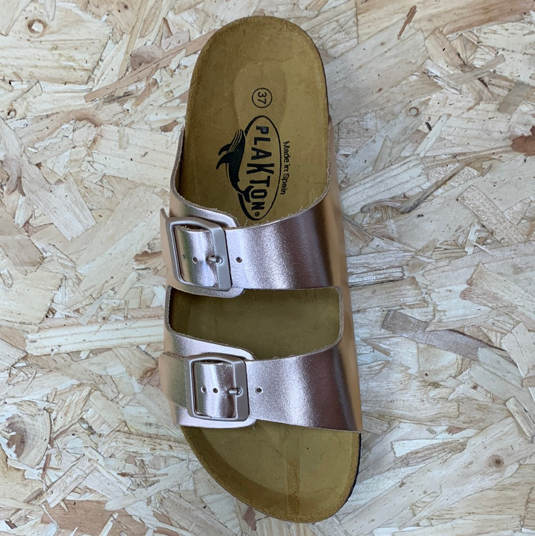Plakton Womens Malaga Metallic Leather Sandal - Rose Gold
