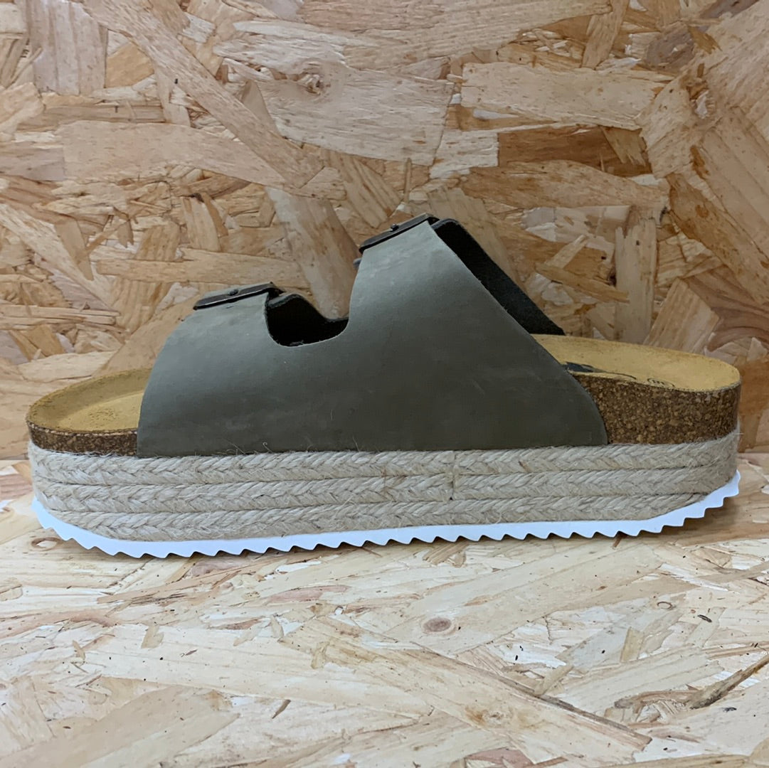 Plakton Womens Malaga Jute Nubuck Leather Platform Sandal - Khaki Green - The Foot Factory