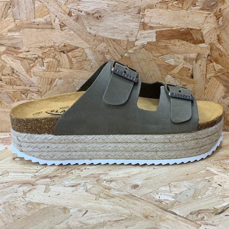Plakton Womens Malaga Jute Nubuck Leather Platform Sandal - Khaki Green - The Foot Factory