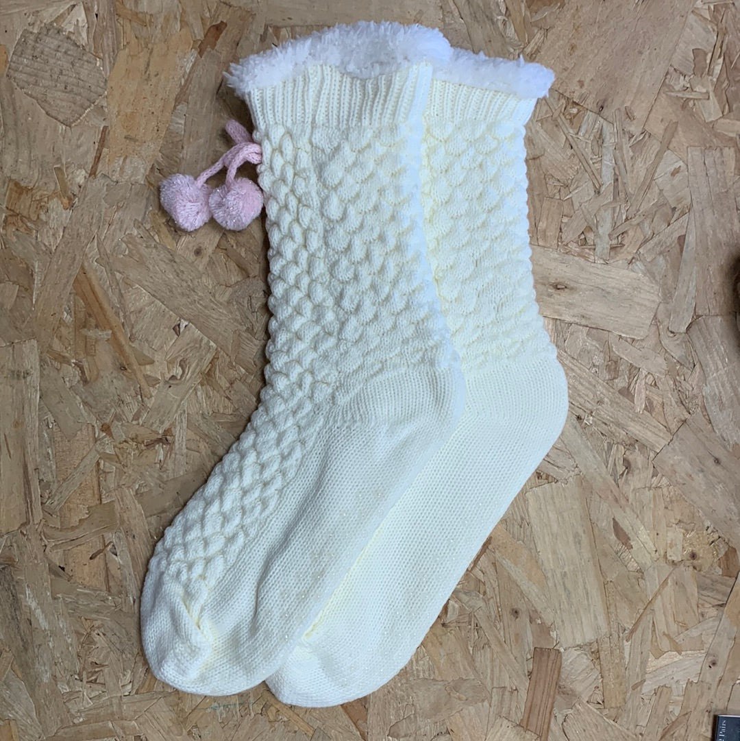 Bramble Womens Cosy Popcorn Slipper Sock - Cream