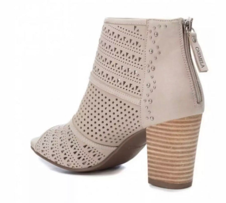 Carmela Womens Perforated Leather High Heeled Boot - Beige - The Foot Factory