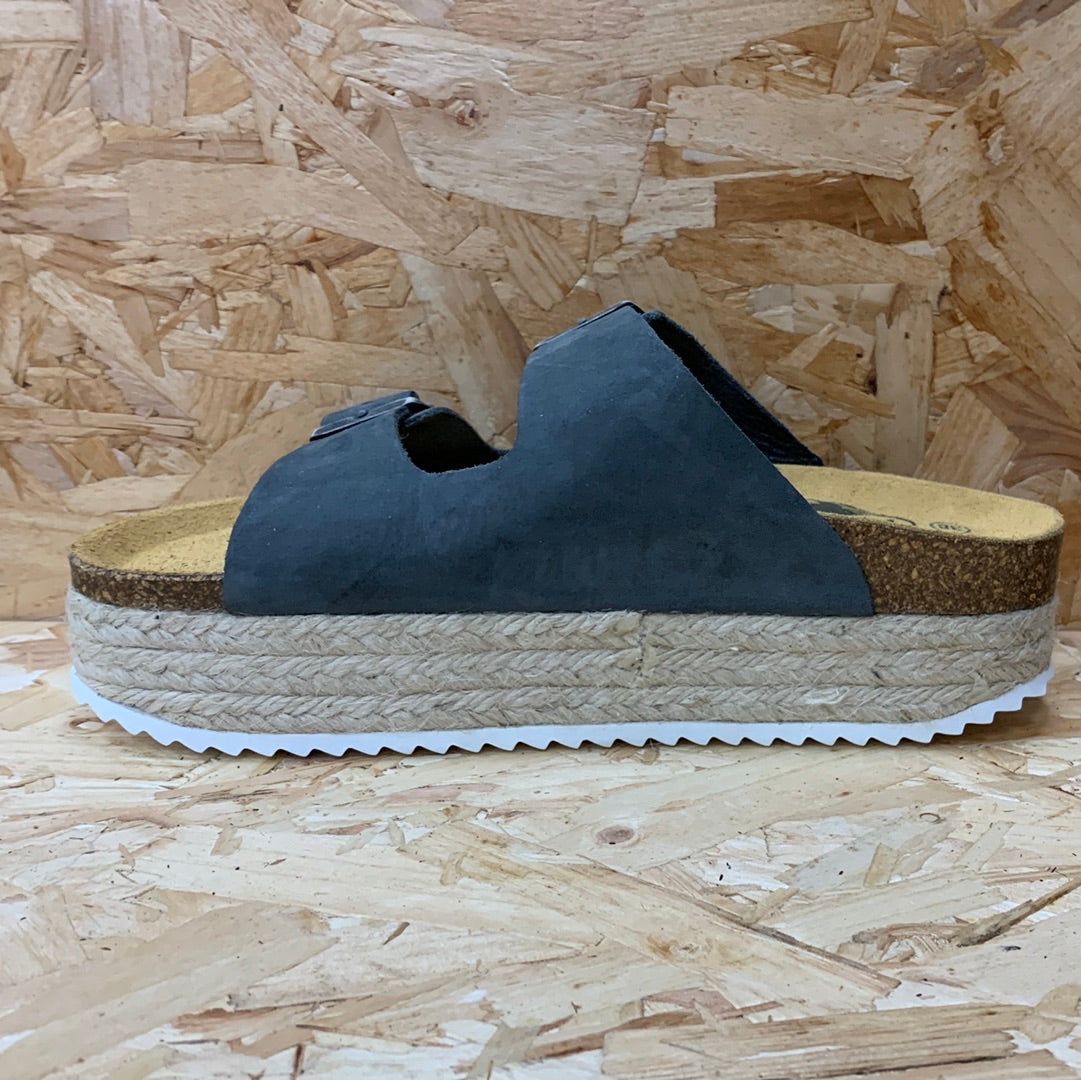 Plakton Womens Malaga Jute Nubuck Leather Platform Sandal - Grey